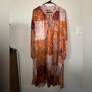 Zara Collection RARE orange red and pink patchwork floral oversized boho dress.